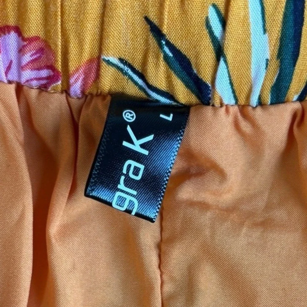 Mustard Yellow Tropical Floral Ruffle‎ Mini Skirt Large Rayon Boho Summer